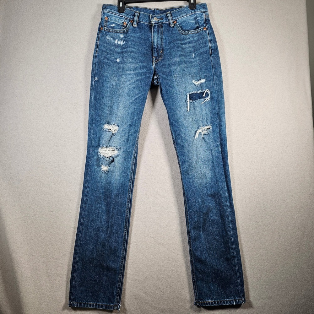 Levi's 511 Slim Straight Jeans Mens 32x34 Blue Good Distressed Ripped Denim